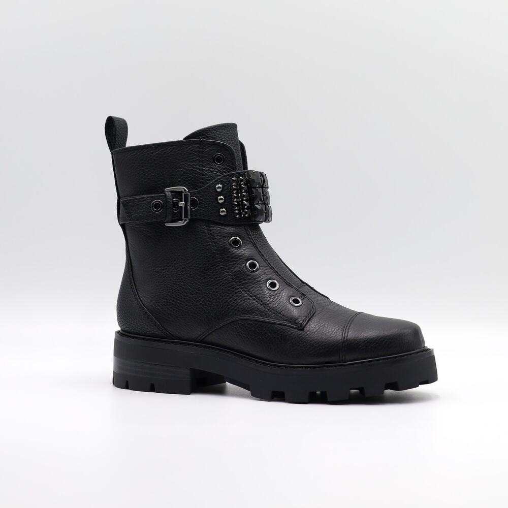 Karl Lagerfeld Paris Women Black Leather Maeva Buckled Combat Booties Size 7M